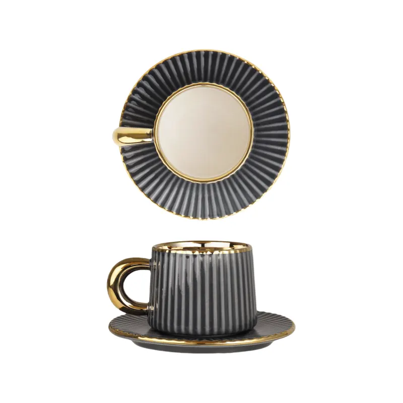 MYOUNG-Porcelain Black and Gold Side Dinnerware Set,Plates and Bowls Sets, Dinner Plates Dishes Set Service for 4/6/8 persons 7 Gold Plated black Ceramic Tableware Set cup