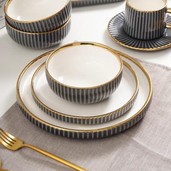 MYOUNG-Porcelain Black and Gold Side Dinnerware Set,Plates and Bowls Sets, Dinner Plates Dishes Set Service for 4/6/8 persons - Image 2