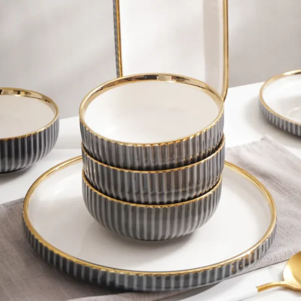 MYOUNG-Porcelain Black and Gold Side Dinnerware Set,Plates and Bowls Sets, Dinner Plates Dishes Set Service for 4/6/8 persons - Image 3