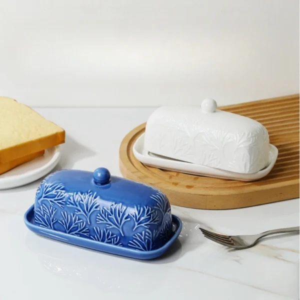 MYOUNG- White/Blue Embossed Ceramic Butter Dish with Lid,for Countertop, Kitchen Decor,Chinese Wholesale Factory - Image 3