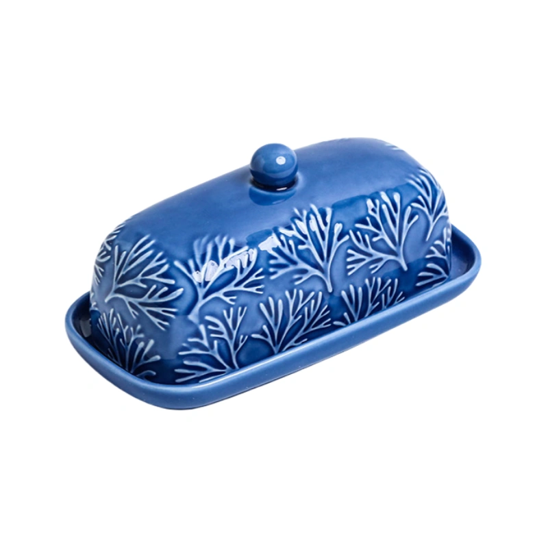 Relief ceramic butter dish blue
