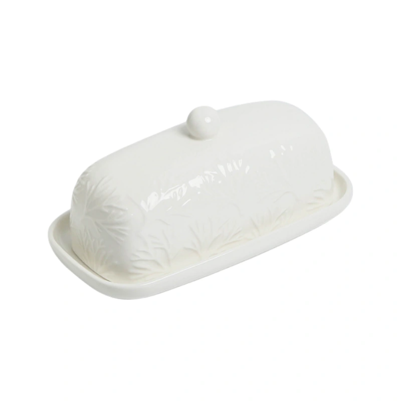 Relief ceramic butter dish white