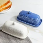 White/Blue Embossed Ceramic Butter Dish with Lid
