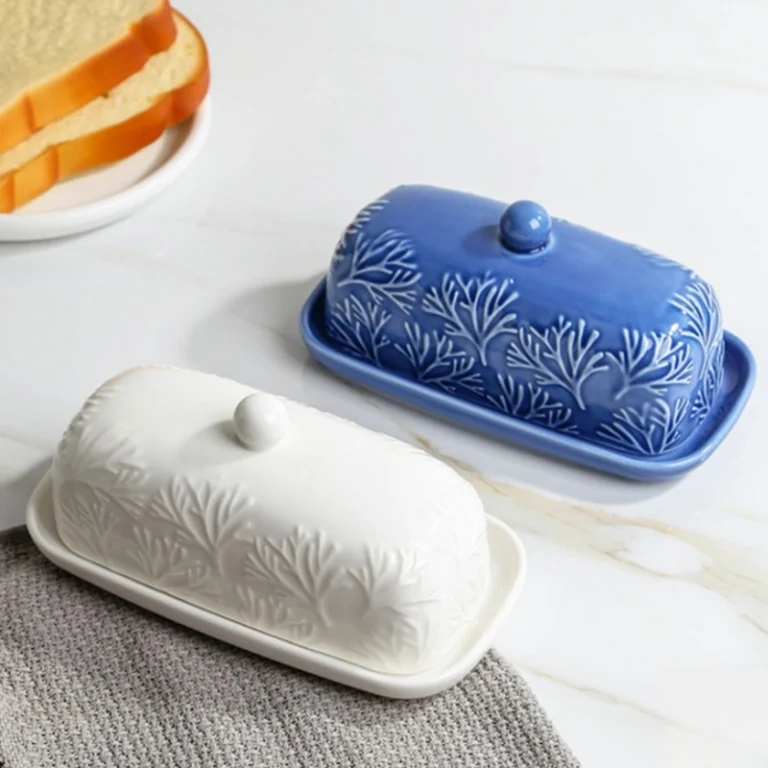 White/Blue Embossed Ceramic Butter Dish with Lid