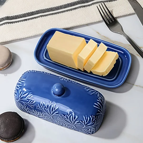 MYOUNG- White/Blue Embossed Ceramic Butter Dish with Lid,for Countertop, Kitchen Decor,Chinese Wholesale Factory - Image 2