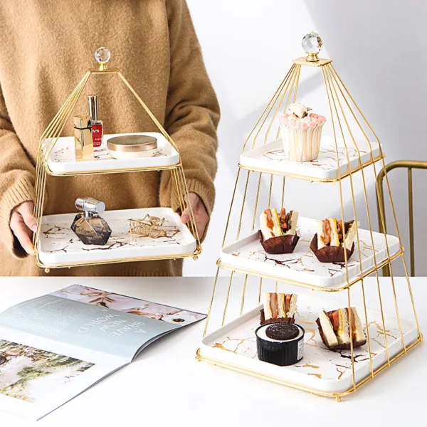 MYOUNG-Wholesale Ceramic Dessert Stand, Triangular Pyramid Shaped Tiered Serving Trays, 3 Tiers Cupcake Stand Party Serving Trays, Fruit Pastry Holders for Wedding and Party - Image 2