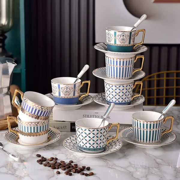 MYOUNG-Chinese Teaware Suppliers Gilding Coffee Tea Cup and Saucer,Cappuccino Cups, Coffee Cups, British Coffee Cups, Porcelain Tea Set, Latte Cups