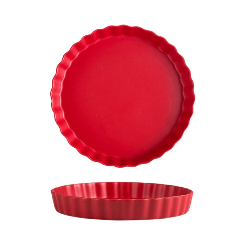 MYOUNG- Wholesale Custom Kitchen Bakeware Set Stoneware Ceramic Baking Tray Flower Baking Dishes Pizza Cookware 7 baking tray red