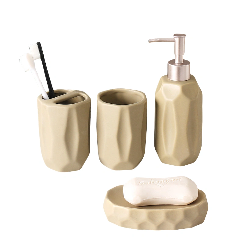 MYOUNG-Ceramic 4-Piece Bathroom Accessory Set for Shower Travel and Bath,Including Soap Bottle,Soap Dish,Toothbrush Holder&Rinsing Cup 9 galze bathroom set 4 piece sku