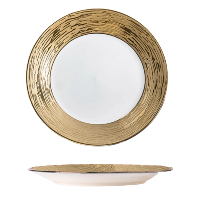 MYOUNG-Golden Side White Ceramic Flat Plate,Luxury European Style,for Wedding/Business/Party 8 gilding plate