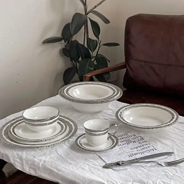 MYOUNG-European Style Embossed Gold/Sliver Rim Porcelain Plate Set ,Luxury Dinnerware Set for Wedding,Hotel,Home,Charger Plates Bulk Wholesale - Image 4