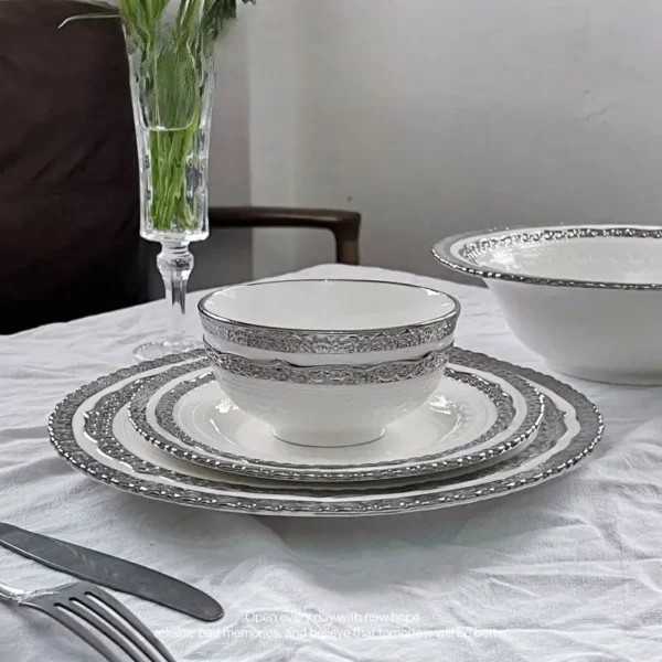 MYOUNG-European Style Embossed Gold/Sliver Rim Porcelain Plate Set ,Luxury Dinnerware Set for Wedding,Hotel,Home,Charger Plates Bulk Wholesale - Image 5