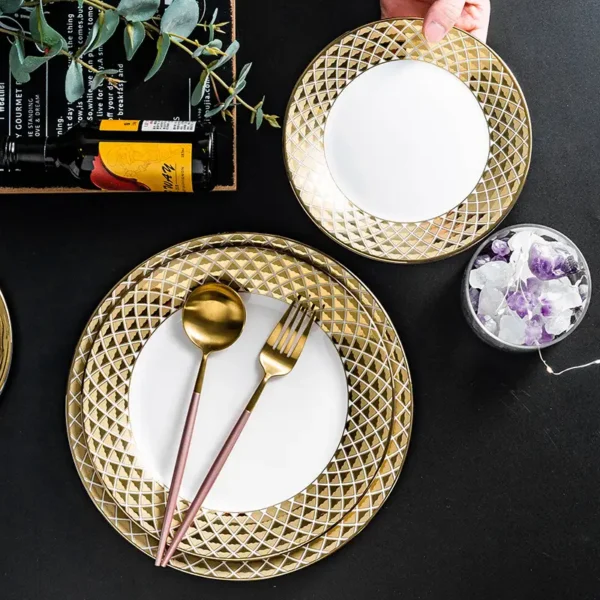 MYOUNG-Golden Side White Ceramic Flat Plate,Luxury European Style,for Wedding/Business/Party - Image 4