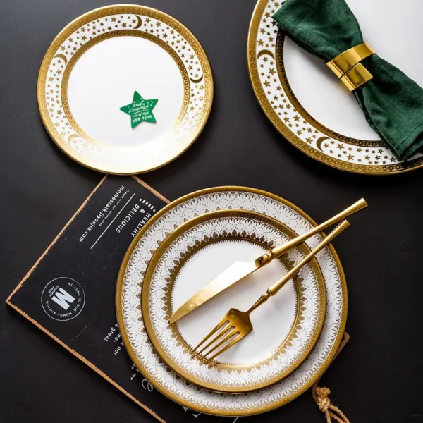 MYOUNG-Gold Rim White Charger Ceramic Plates,Wholesale Luxury Dinnerware Dinner Plate Set Restaurant Dishes Plates - Image 3