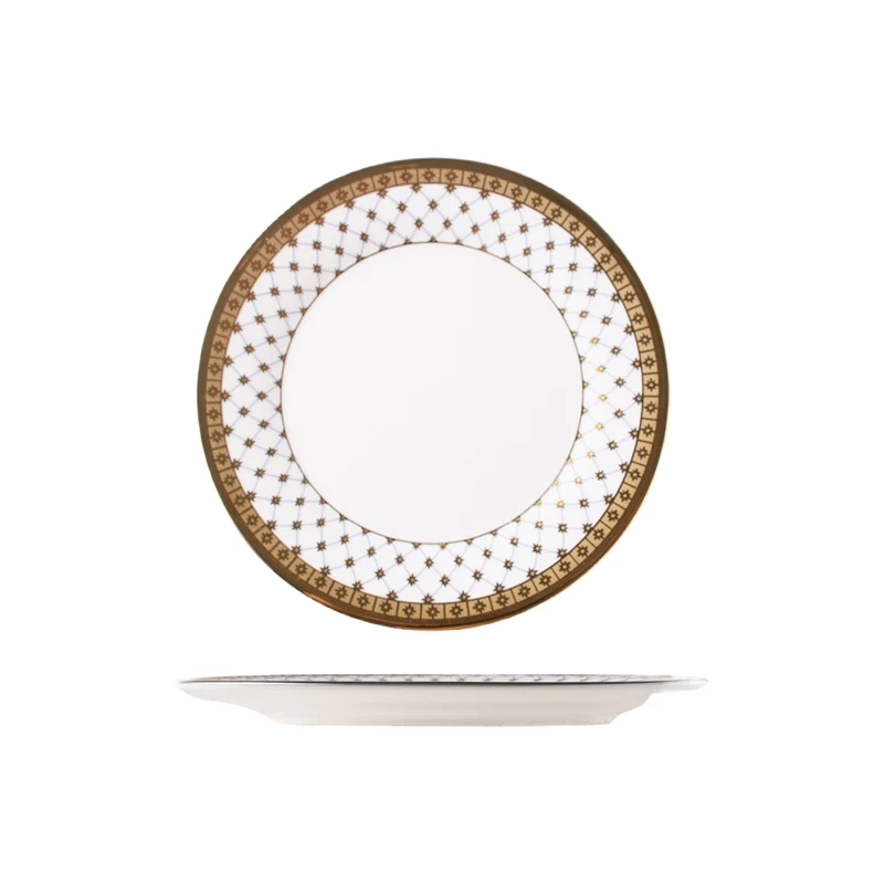 gold rim ceramic plate beige blue