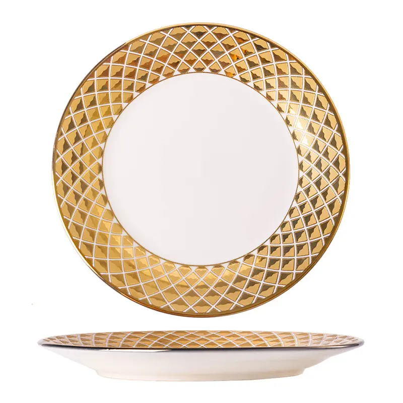 MYOUNG-Golden Side White Ceramic Flat Plate,Luxury European Style,for Wedding/Business/Party 7 gold rim ceramic plate sku
