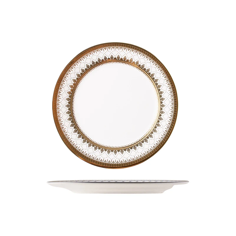 ELEGANT DESIGN: Premium round white charger plates with a sophisticated textured gold rim, adding a touch of elegance to your table settings DURABLE: Made with high-quality porcelain, these chargers are safe to use and designed to withstand repeated use, making them a great addition to your dining accessories EASY MAINTENANCE: Effortlessly reusable, these charger plates can be wiped clean quickly and are designed to offer both style and practicality for your entertaining needs VERSATILE USE: Suitable for a wide range of occasions such as weddings, holiday dinners, or everyday use to elevate your dining experience PERFECT SIZE:: Our charger plates measure 7/9/10 inches in diameter, ideal for standard dinner plates to create a stylish layered look