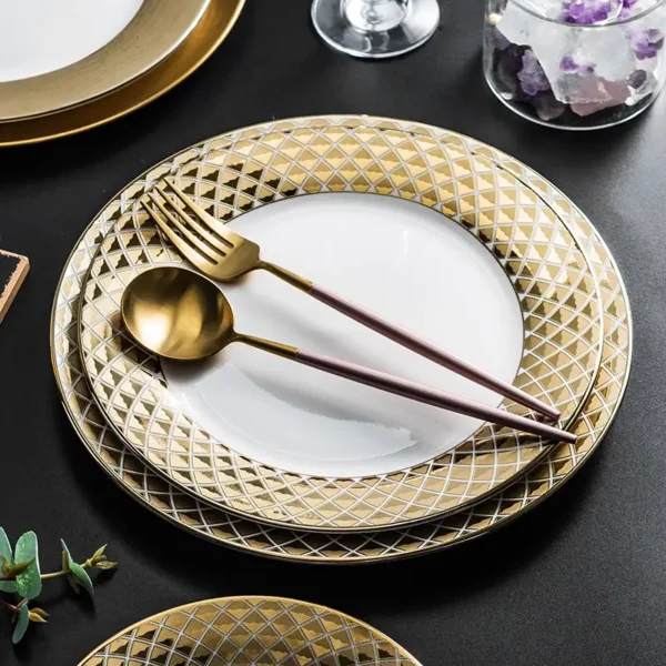MYOUNG-Golden Side White Ceramic Flat Plate,Luxury European Style,for Wedding/Business/Party - Image 3