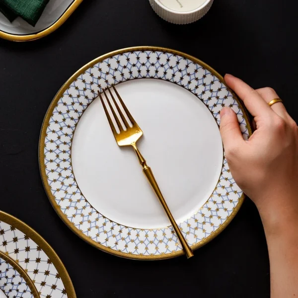 MYOUNG-Gold Rim White Charger Ceramic Plates,Wholesale Luxury Dinnerware Dinner Plate Set Restaurant Dishes Plates - Image 4