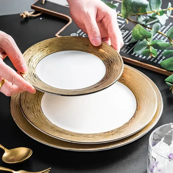 MYOUNG-Golden Side White Ceramic Flat Plate,Luxury European Style,for Wedding/Business/Party - Image 5