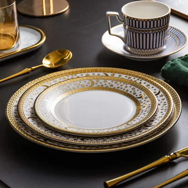 MYOUNG-Gold Rim White Charger Ceramic Plates,Wholesale Luxury Dinnerware Dinner Plate Set Restaurant Dishes Plates - Image 5