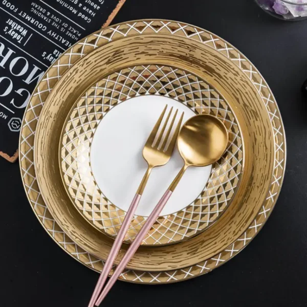 MYOUNG-Golden Side White Ceramic Flat Plate,Luxury European Style,for Wedding/Business/Party - Image 2