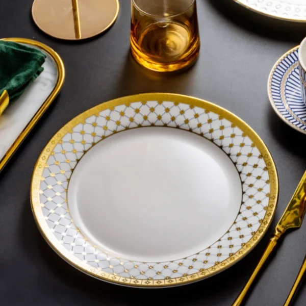MYOUNG-Gold Rim White Charger Ceramic Plates,Wholesale Luxury Dinnerware Dinner Plate Set Restaurant Dishes Plates - Image 2