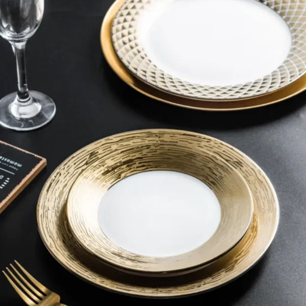 MYOUNG-Golden Side White Ceramic Flat Plate,Luxury European Style,for Wedding/Business/Party - Image 6