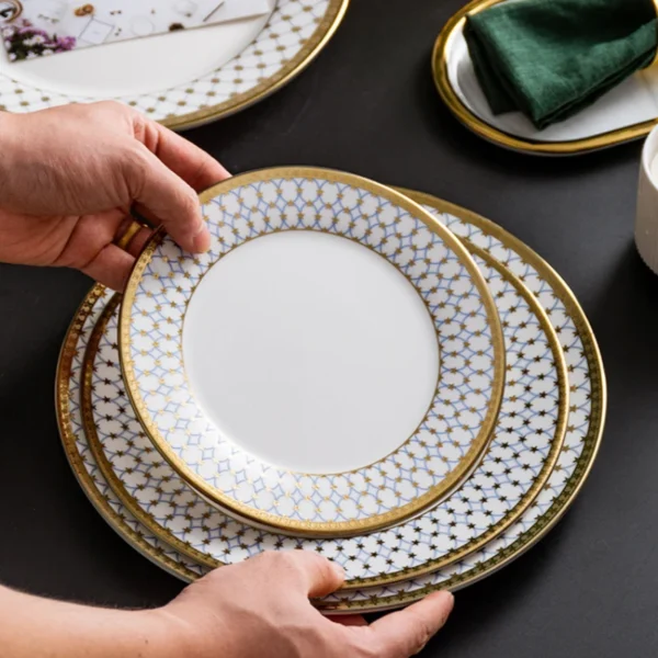 MYOUNG-Gold Rim White Charger Ceramic Plates,Wholesale Luxury Dinnerware Dinner Plate Set Restaurant Dishes Plates - Image 6