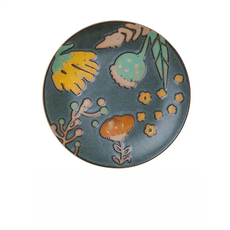 MYOUNG-Japanese Style Hand-Painted Stoneware Dinner Plate,Underglaze Flower Round Shape,Factory Direct Wholesale 9 handmade crokery plate dark green