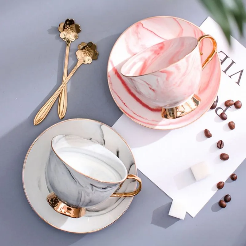 MYOUNG-Wholesale Teaware Suppliers Glod Side Marble Pattern Stoneware Cup and Saucer,Cappuccino Cups, Coffee Cups, British Coffee Cups, Porcelain Tea Set, Latte Cups - Image 3