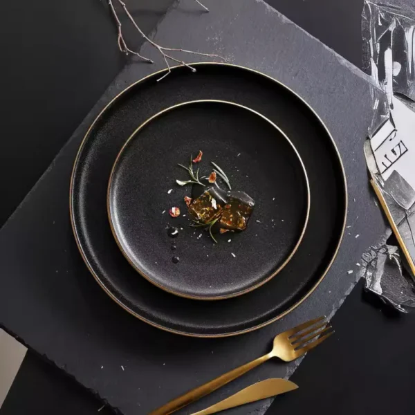 MYOUNG-Ceramic Porcelain Serving Ceramic Steak Plate,Customized Printed Matte Black Round Plate