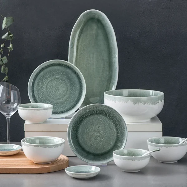 MYOUNG-Ceramic Reactive Glaze Orange Green Dinnerware Set,Manufacturers Direct Supply ,Highly Chip and Crack Resistant Plates and Bowls Set - Image 2