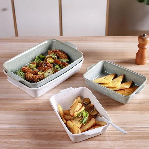 MYOUNG-Rectangular Ceramic Bakeware, Reactive Glaze Green White Color Baking Dish, for Cooking, Kitchen, Cake Dinner, Banquet and Daily Use - Image 2