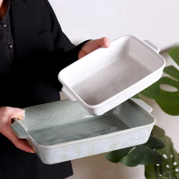 MYOUNG-Rectangular Ceramic Bakeware, Reactive Glaze Green White Color Baking Dish, for Cooking, Kitchen, Cake Dinner, Banquet and Daily Use - Image 7