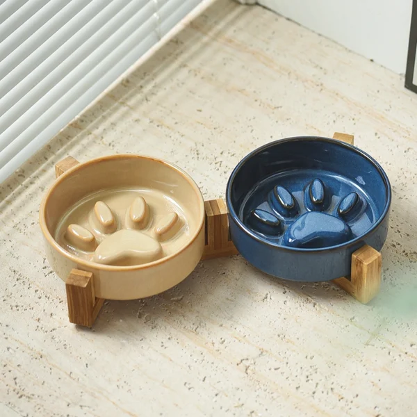MYOUNG-Wholesale Customized Reactive Glaze Ceramic Pet Food Water Bowl with Stand Raised Cat Paw Shape for Dogs Cates Slow-Food - Image 4