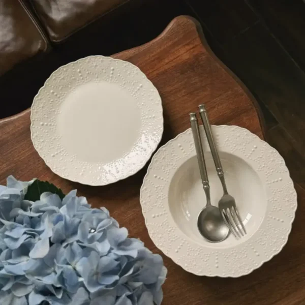 MYOUNG-Elegant Embossed Lace Rim White Ceramic Tableware for Wedding,Restaurant,Home,Table Charger Dinnerware Set In Bulk - Image 6
