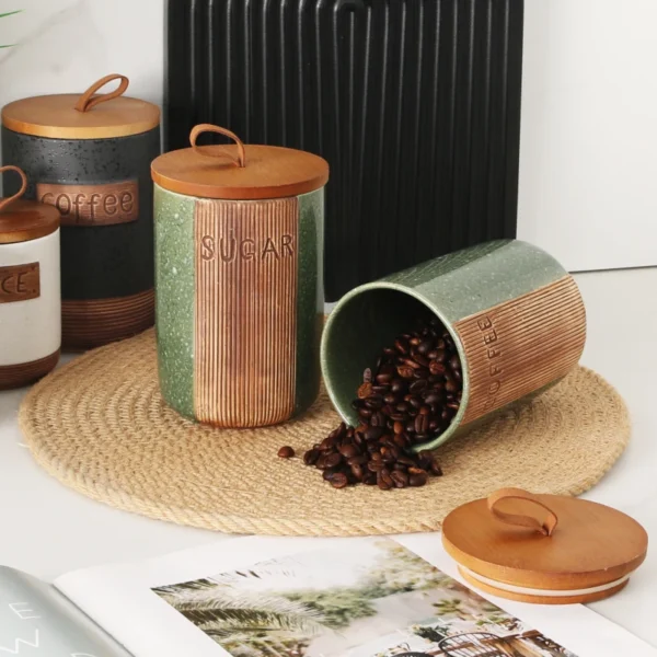 MYOUNG-Ceramic Seasoning Storage Container Jar Set with Lids，Bamboo Wooden Airtight Lid, for Storaging Coffee ,Tea ,Sugar and Spice - Image 2