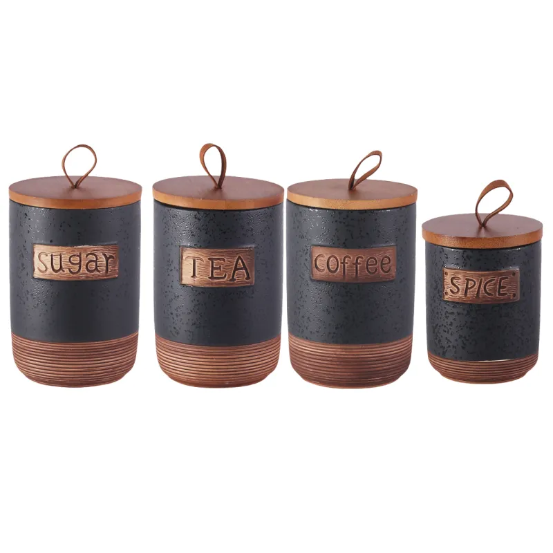 MYOUNG-Kitchen Canisters Ceramic Food Storage Jar Containers with Airtight Seal Lid for Coffee Beans Chutneys Sugar Flour Spices Biscuits 8 wire drawing ceramic storage jar set black