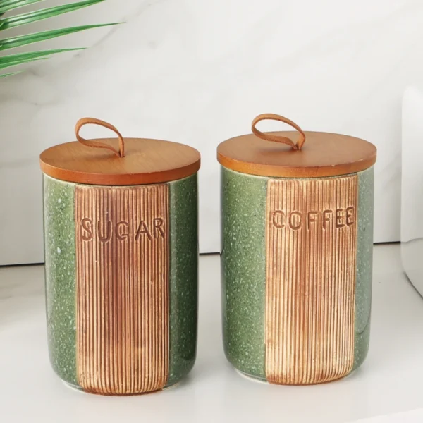 MYOUNG-Ceramic Seasoning Storage Container Jar Set with Lids，Bamboo Wooden Airtight Lid, for Storaging Coffee ,Tea ,Sugar and Spice - Image 3