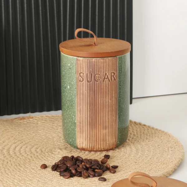 MYOUNG-Ceramic Seasoning Storage Container Jar Set with Lids，Bamboo Wooden Airtight Lid, for Storaging Coffee ,Tea ,Sugar and Spice - Image 4