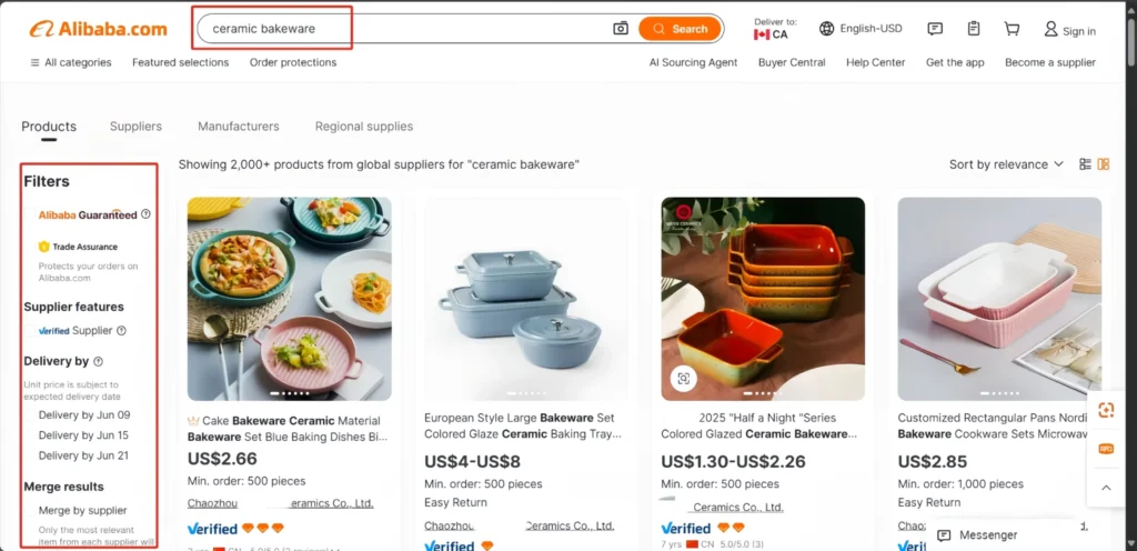 Keyword search and filtering on Alibaba
