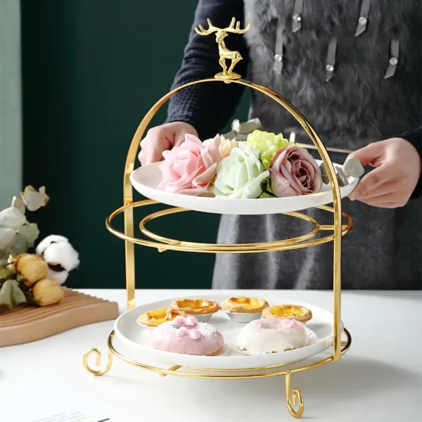 MYOUNG- 2/3 Tier Dessert Cupcake Cake Stand Cute Bowknot Handle Metal Rack Ceramic Dessert Plate,for Wedding Decor Table Cakes Buffet Food Sweets Display Rack - Image 2