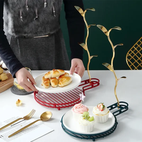 MYOUNG- 2/3 Tier Dessert Cupcake Cake Stand Cute Bowknot Handle Metal Rack Ceramic Dessert Plate,for Wedding Decor Table Cakes Buffet Food Sweets Display Rack - Image 3