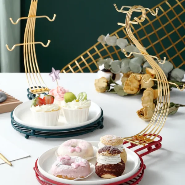MYOUNG- 2/3 Tier Dessert Cupcake Cake Stand Cute Bowknot Handle Metal Rack Ceramic Dessert Plate,for Wedding Decor Table Cakes Buffet Food Sweets Display Rack - Image 5