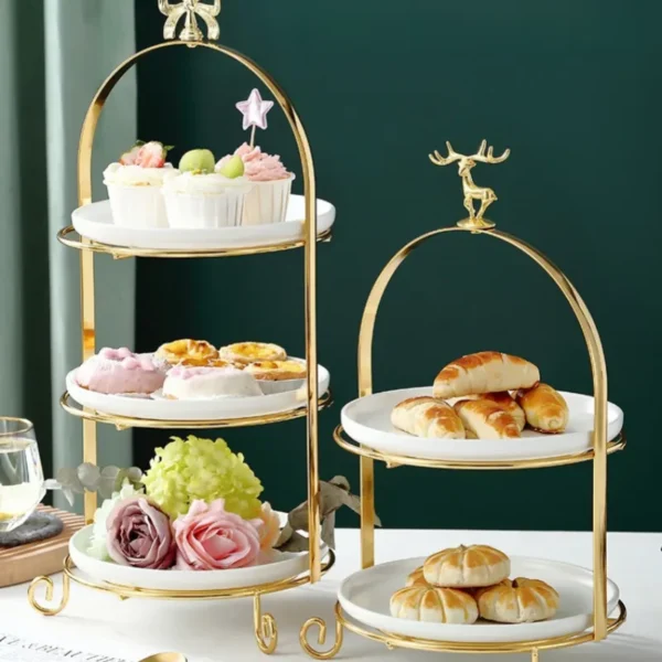 MYOUNG- 2/3 Tier Dessert Cupcake Cake Stand Cute Bowknot Handle Metal Rack Ceramic Dessert Plate,for Wedding Decor Table Cakes Buffet Food Sweets Display Rack - Image 7